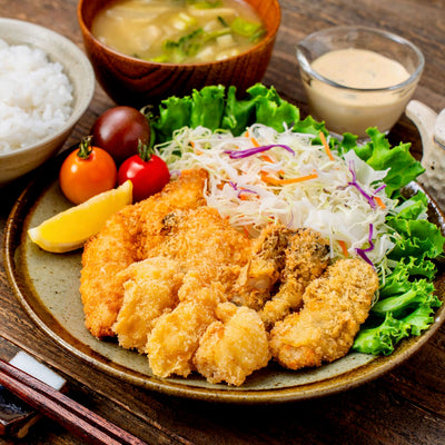 北海道寿都町マルホン小西漁業の4種の魚介のフライセット,北海道産のサクラマスとホッケとミズダコとカキのフライ